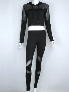 

2020 Mesh Tracksuits Women Set Streetwear Black Short Hoodie Summer Casual Pants Fitness Leggings High Waist Two Pieces Sets