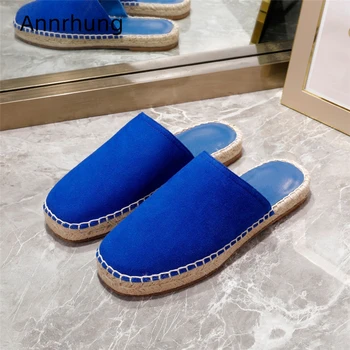 

Concise Round Cover Toes Flat Heel Slippers Women Sewing Suede Spring 2020 Outwear Slip-on Runway Mules For Woman