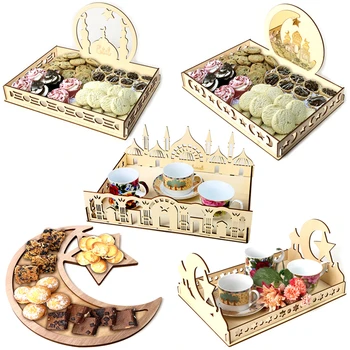 

1 PC Muslim Islamic Sufoor Iftar Food Serving Tray Eid Mubarak Ramadan Dessert Table Decorations Wooden Plate Wood Crafts
