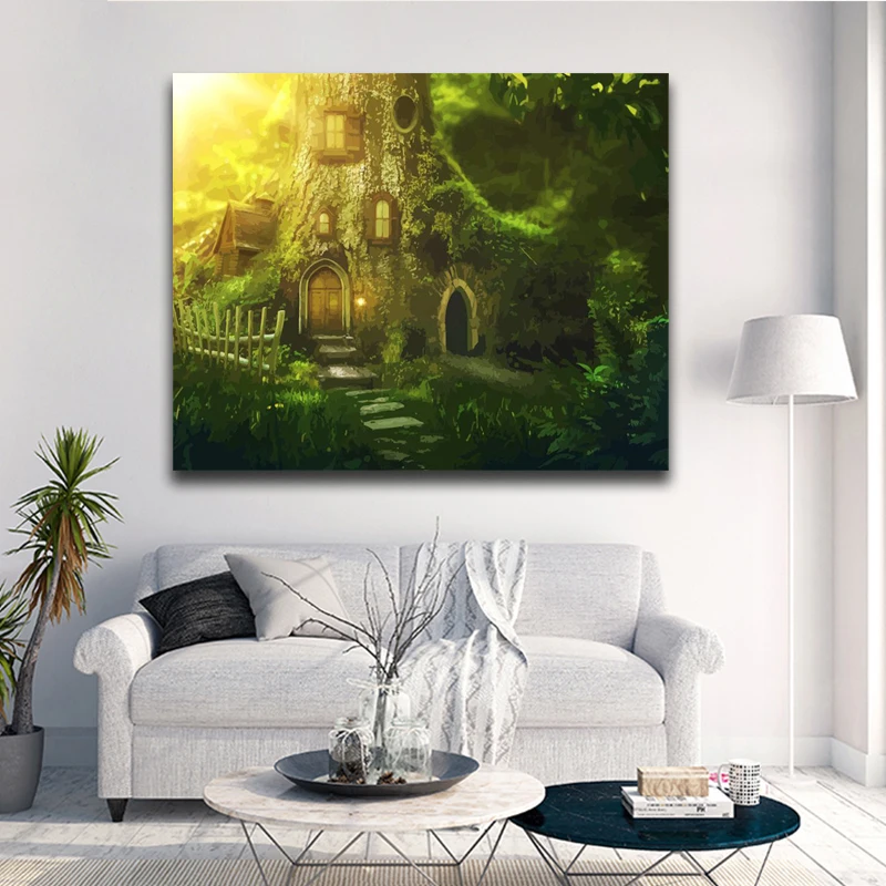 Forest House Art Pictures DIY Painting By Numbers Kits Landscape Coloring By Number Oil Paintings Home Decor Adults Unique Gift