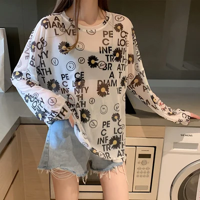 Disney 2021 Summer Famous Anime Mickey Mouse Brand Mesh Shirt Women Sun Protection Transparent Long Sleeve Blouse Ladies T-shirt 3183 White