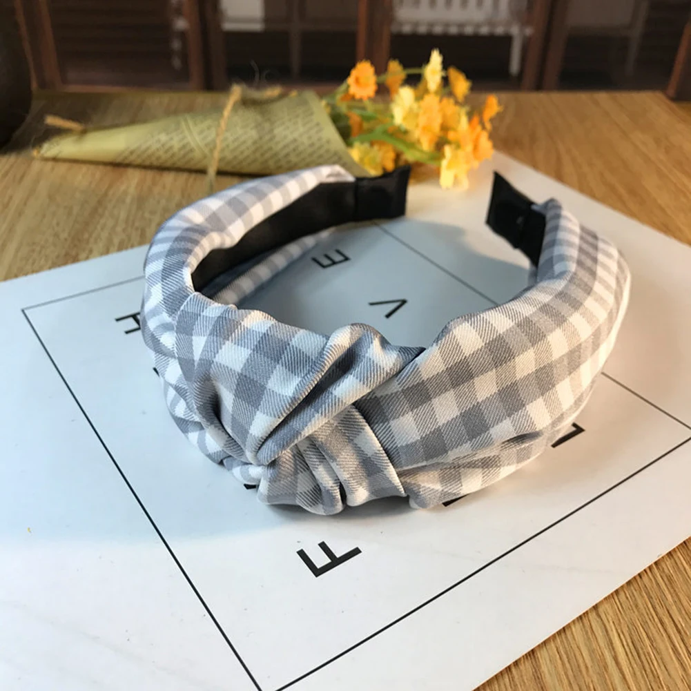Fresh And Literary Check Pattern Print Headband Knotted Bow Wide Head Hoop Women Hair Accessories Girl Headwear Headdress