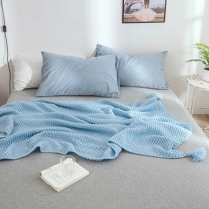 Cilected Cotton Knit Blanket 130X170CM Comfortable Warm Solid Color Four Corner Tassel Air Conditioning Blanket Sofa Nap Blanket
