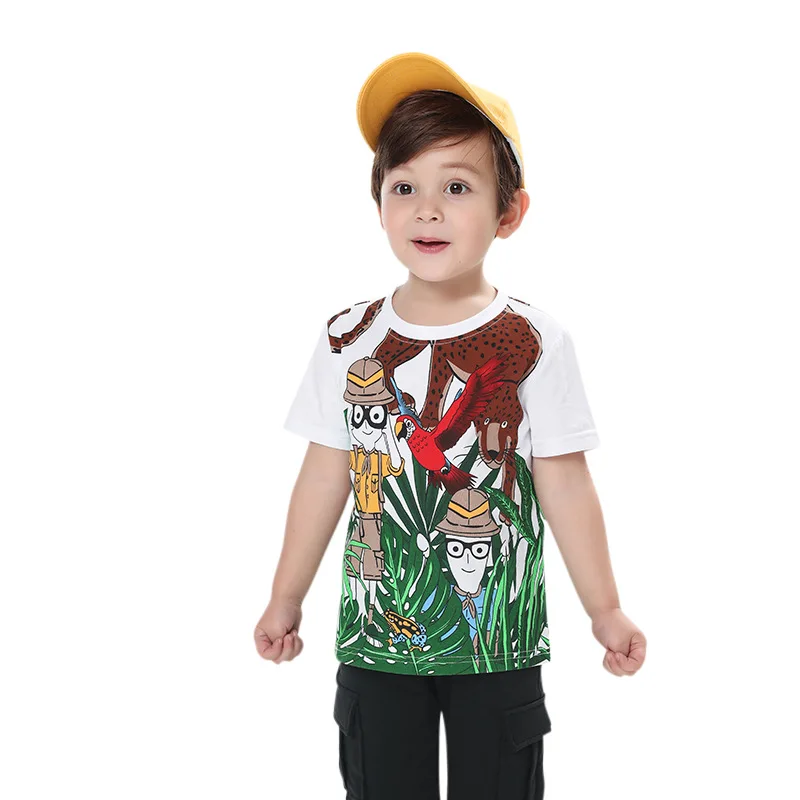 Amazon/ г. Летняя новая стильная футболка с короткими рукавами из чистого хлопка для мальчиков с изображением героев мультфильма «Джунгли и кустарники»