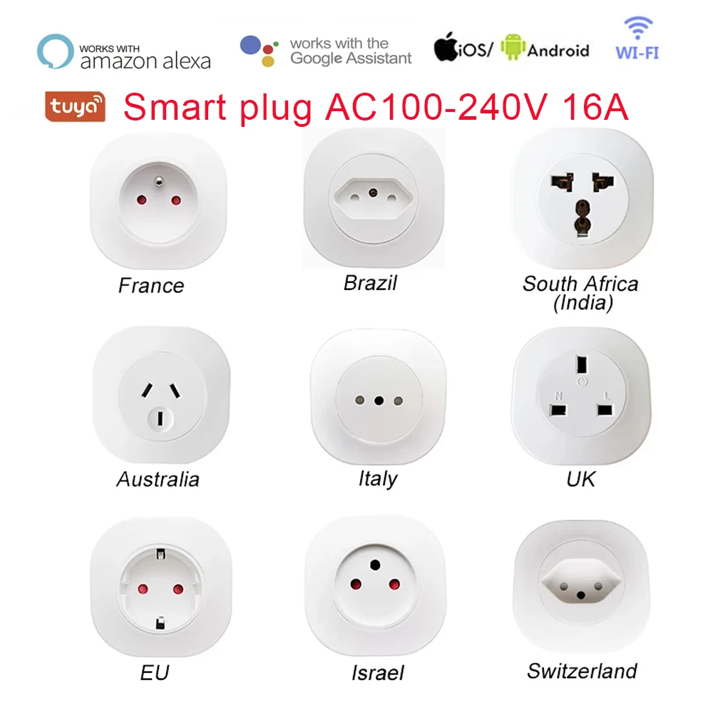 Tuya WIFI Smart life Socket 16A UK EU AU Swit BR FR Israel Italy Plug Remote Control Smart Work For Alexa Google Assistant