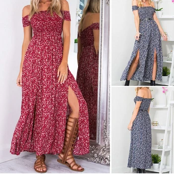 

2019 Women New Sweet Pleated Tunic Maxi Dress Elegant Floral Print Off Shoulder High Split Beach Summer Long Dress Plus Size