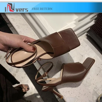 

High heel female 2020 summer square head new simple stiletto sandals leather ankle around belt clip toe buckle sexy retro style