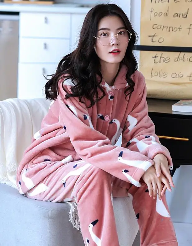 StyleH H5813 Пижамный костюм Женская Коралловая флисовая Пижама для беременных женщин фланелевая с длинным рукавом Осень Зима свободная теплая Толстая Ночная рубашка комплект - Цвет: StyleH