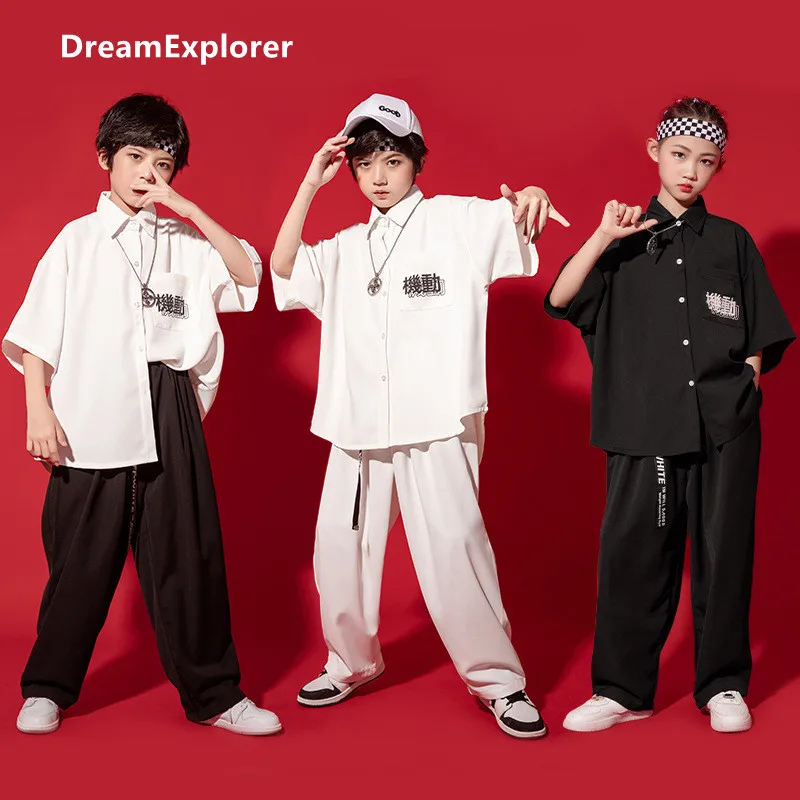

Boys Loose Shirt Hip Hop Girls Short Sleeve Blouse Kung Fu Clothes Sets Kids Jogger Sport Pants Street Dance Costume Streetwear