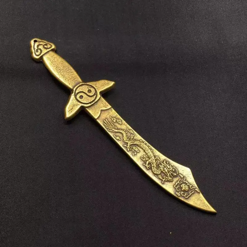 Collezione Di Rame Cinese Curio Feng Shui Esorcismo Tai Chi Doppio Drago Coltello Piccoli Ornamenti