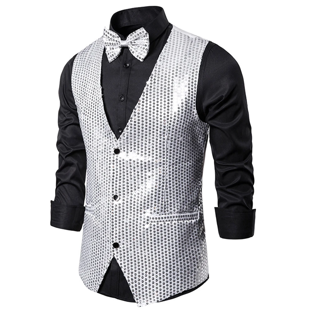 OEAK новые мужские Искрящиеся, с блестками жилет Slim Fit костюм с юбкой, костюм для сцены, ужин жилет для косплея на сцене; платье без рукавов с блестками