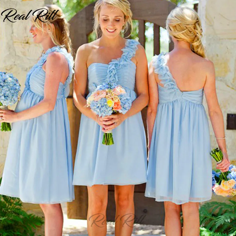 

Real Rill One Shoulder Short Bridesmaid Dresses 2019 Chiffon Knee Length A-Line Wedding Guest Dress For Wedding Party