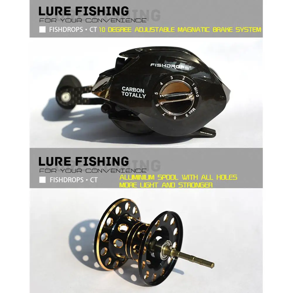 Рыболовные катушки, катушка для baitcasing, левая рука, правая рука, полный корпус из углеродного волокна, двойная тормозная система, Передаточное отношение 7,2: 1, низкопрофильная катушка