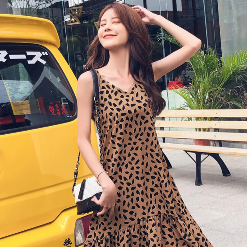 2021 New Summer Chiffon Dress Women's Medium Long Overknee A-Line French Sweet Sling Vestidos | Женская одежда