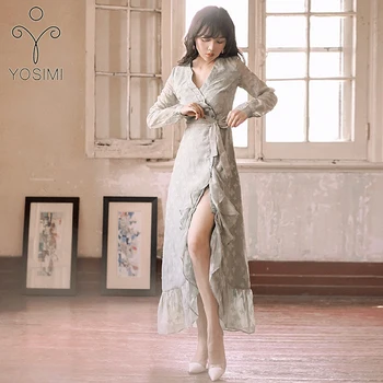

YOSIMI 2019 Autumn Embroidery Voile Chiffon Full Sleeve Ladies Party Dresses V-Neck Ankle-Length Women Dress Elegant Trumpet