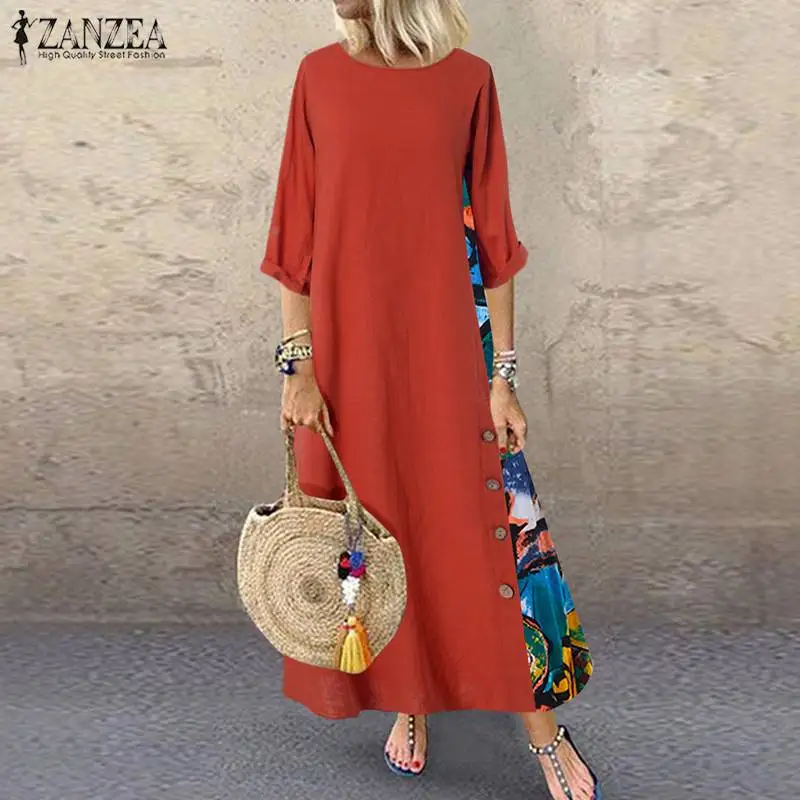 Винтажное сшитое платье женское Макси-сарафан ZANZEA повседневное 3/4 рукав летнее vestidos женское с круглым вырезом халат в цветочек плюс размер
