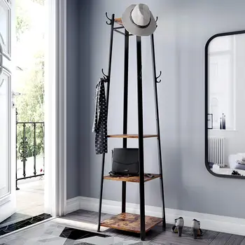 

Industrial Coat Rack, Coat Stand with 3 Shelves, Hall Trees Free Standing with Hooks and Clothes Rail, Metal Fram