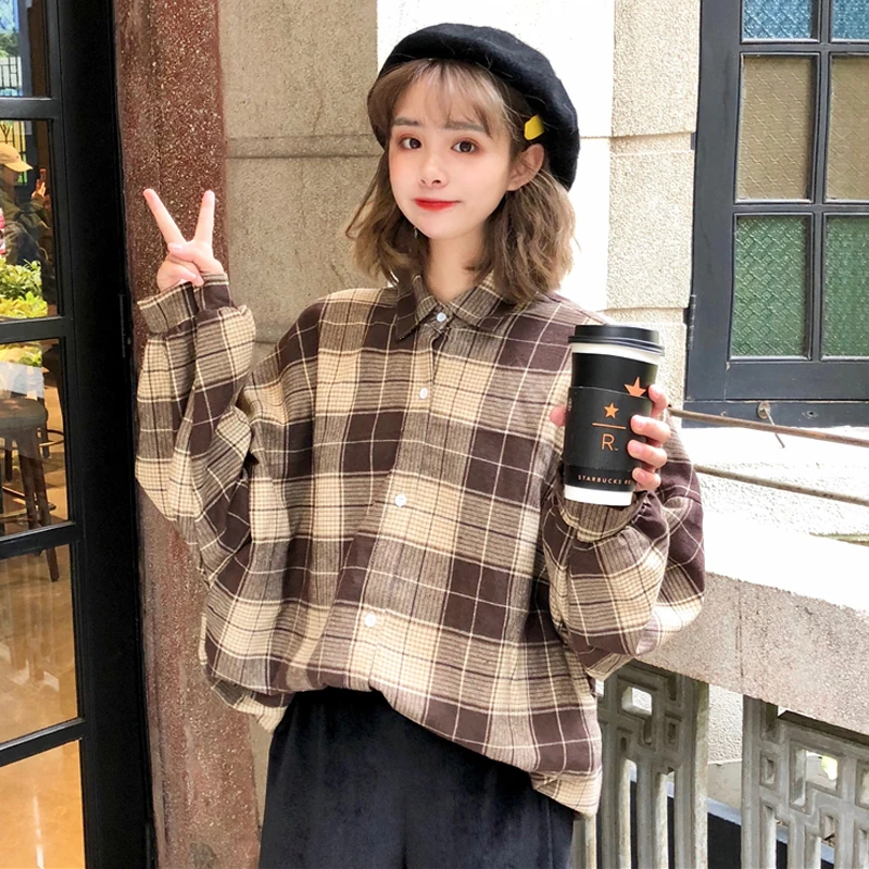 Рубашка Женская весенне-осенняя в клетку с длинным рукавом | одежда