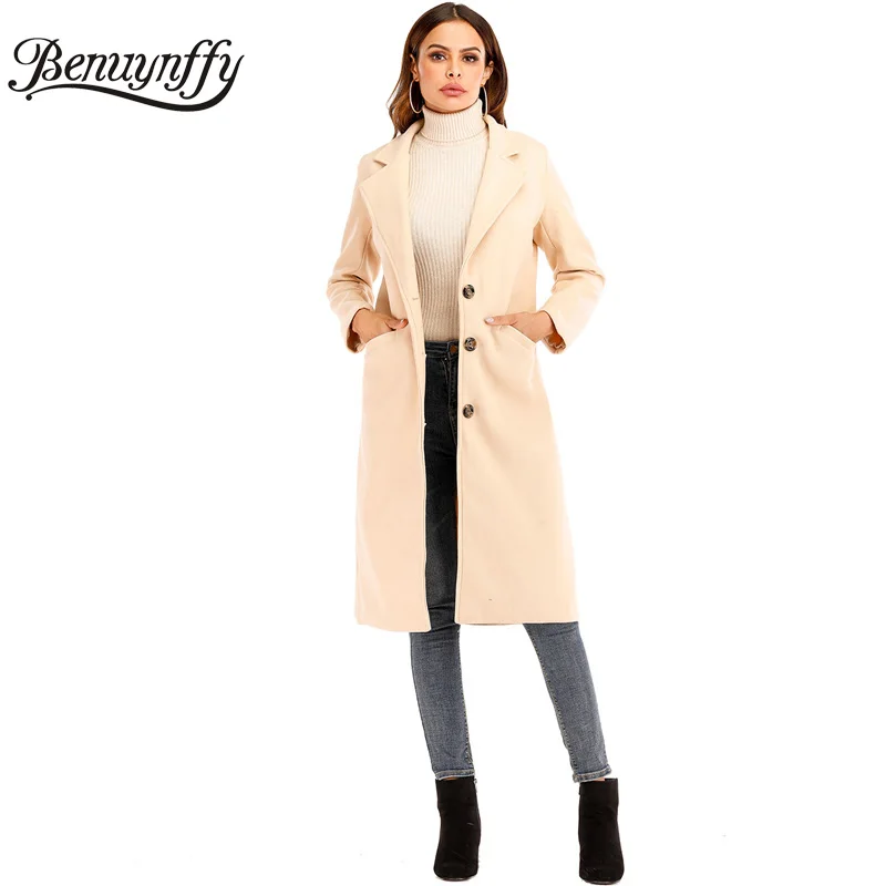 Apricot Benuynffy однобортное женское длинное пальто до колена, Осень-зима, офисное женское черное шерстяное пальто, женская верхняя одежда - Цвет: Apricot