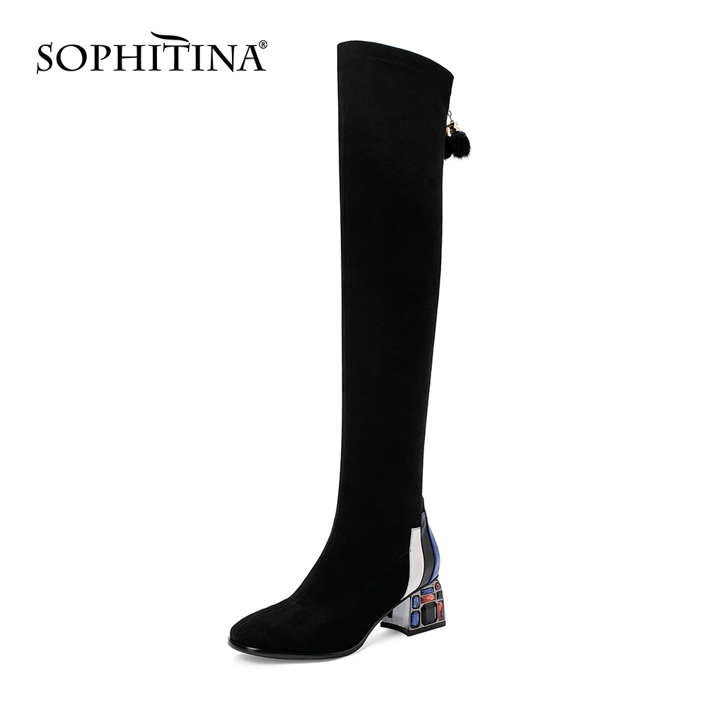 SOPHITINA/модные дизайнерские ботинки; женские разноцветные пикантные Туфли с круглым носком на квадратном каблуке с украшением в виде кристаллов; Новинка; растягивающиеся сапоги; большие размеры; PO357