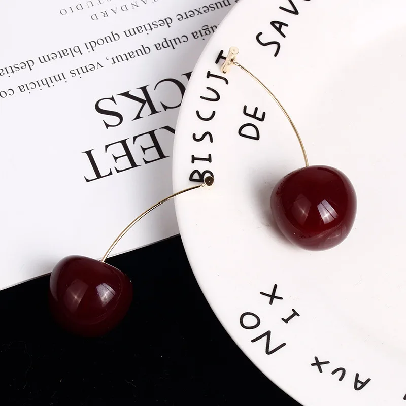 

2PCS New European and American Fruit Fashion Long Ear Nail Temperament Cherry Resin Cherry Earrings Round Dangle Lady Earrings