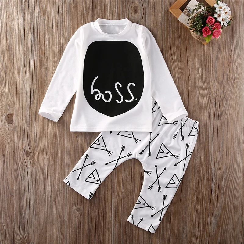 Long Sleeve Коллекция года, новая осенняя одежда для маленьких мальчиков хлопковые топы с длинными рукавами и надписью «Boss», футболка и штаны милый комплект одежды для маленьких мальчиков, комплект одежды - Цвет: Long Sleeve