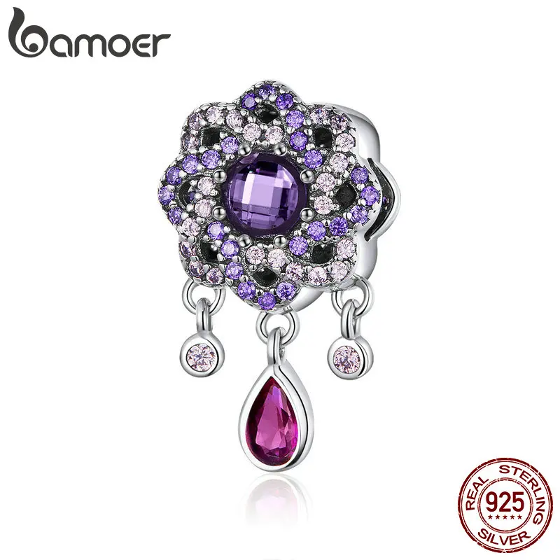 BAMOER, высокое качество, 925 пробы, серебряный, фиолетовый, в форме цветка, подвески, подходят для шарма, браслеты и ожерелья, ювелирные изделия SCC1075