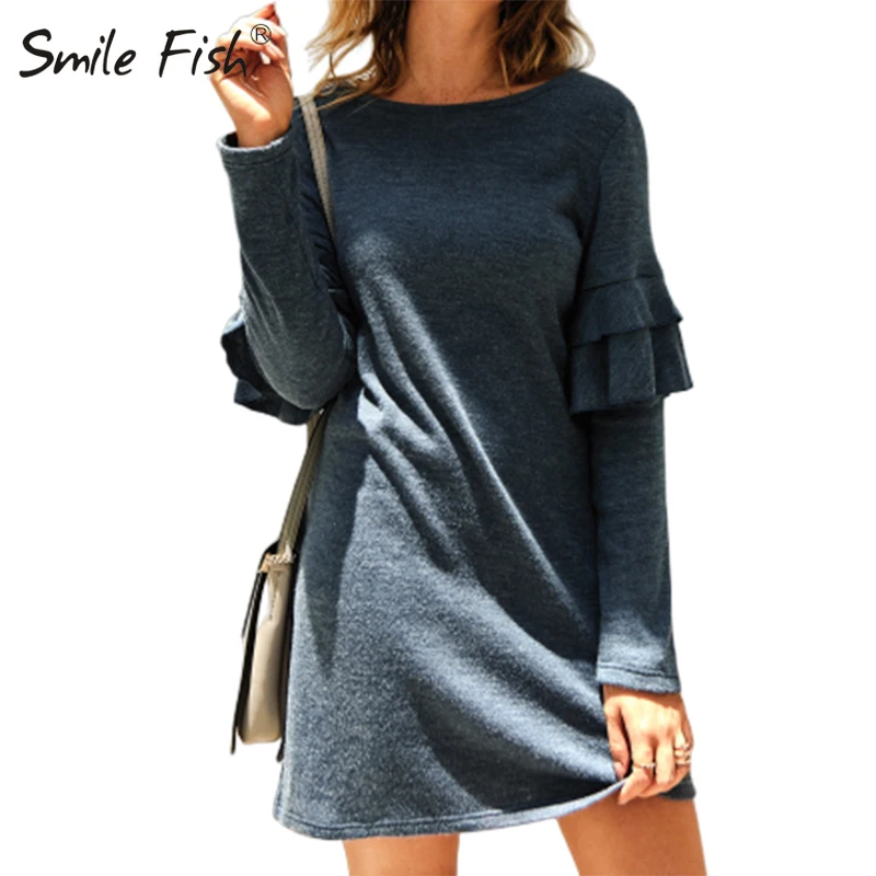 

Ruffles Knitted Autumn Dress Elegant Long Sleeve Women Clothes Solid O-Neck Mini Dress 2019 Office Work Winter Knit Robe GV726