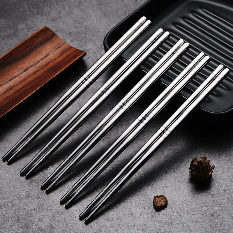 5 Pairs Stainless Steel Chopsticks Chinese Silver Non Slip Sushi Japan Metal New 