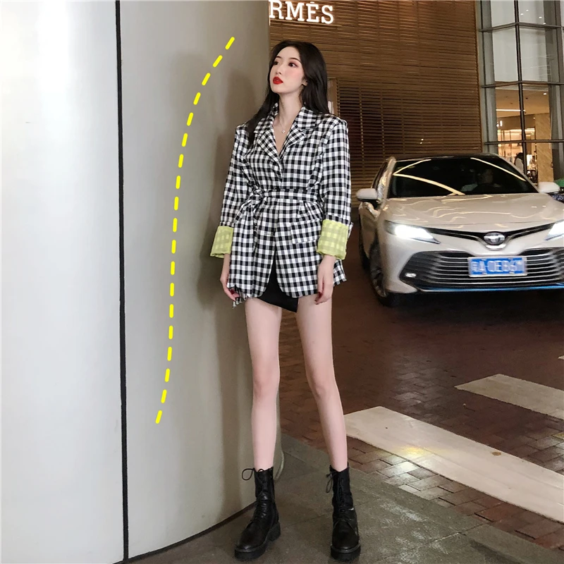 Streetwear Plaid Blazers Women Chic Notched Long Sleeve Jacket with belt Spring Autumn office lady blazers bleiser feminino
