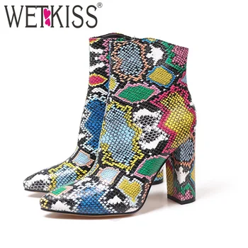 

WETKISS Colorful Snakeskin Booties Women Thick High Heels Ankle Boots Pointed Toe Ladies Shoes Woman Snake Print Winter Boot