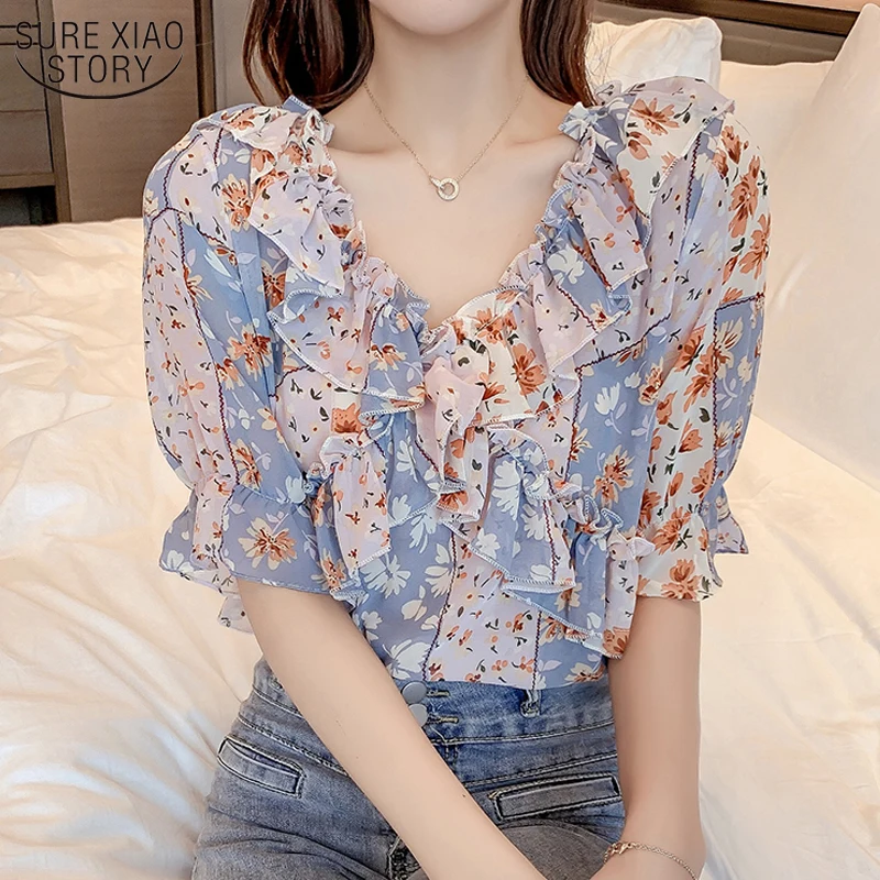 Korean Loose Slim Fit Summer Tops Chemisier Femme 2022 Summer New Elegant  Floral V neck Short Sleeve Chiffon Blouse Women 10131|Blouse| - AliExpress