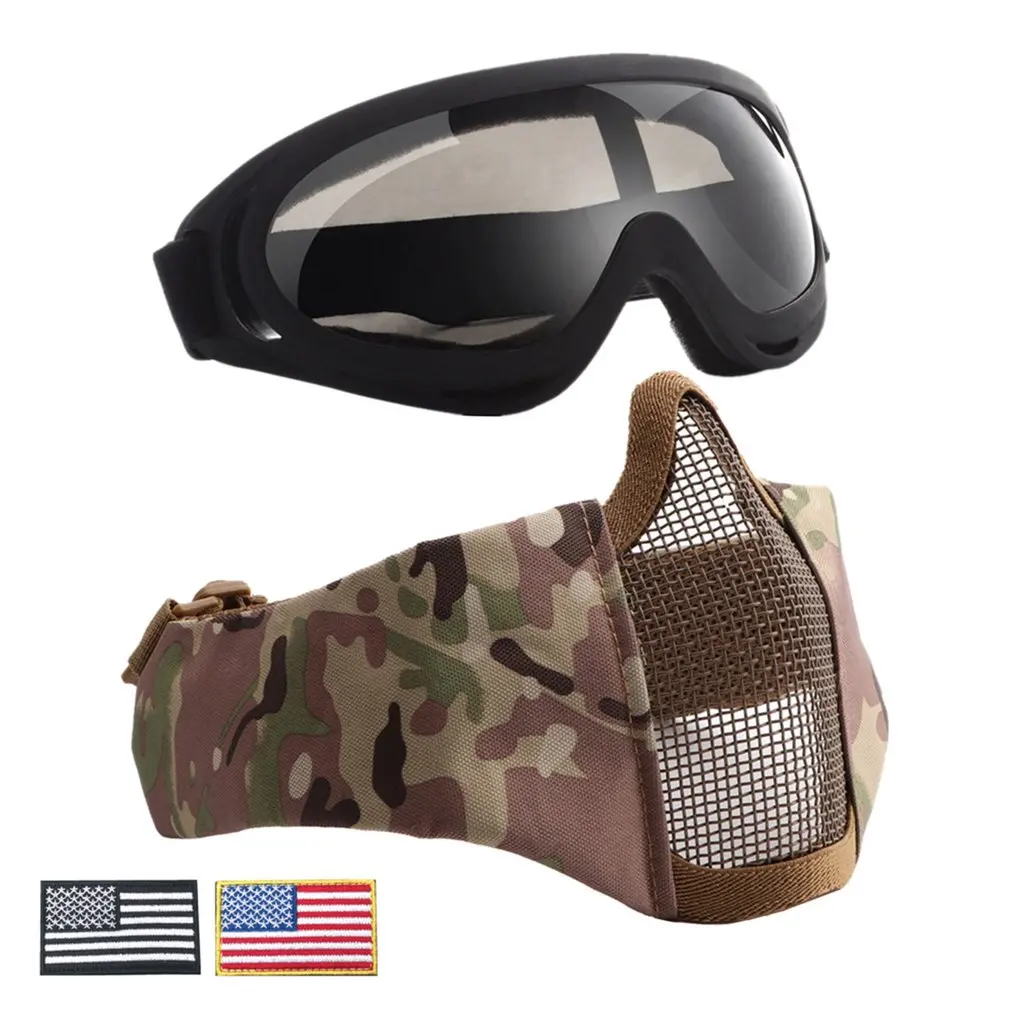 

Lightweight Half Metal Steel Mesh Face Mask And UV400 Goggles+Armband Set For Tactical Hunting Paintball Shooting