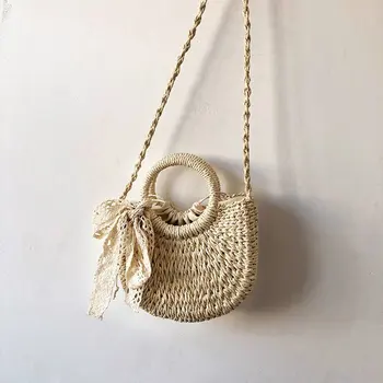 

Lace Ribbon Cross Body for Girls Women Summer Straw Handbag Fashion Woven Shoulder Bag Beach woven bag Inclined shoulder bag