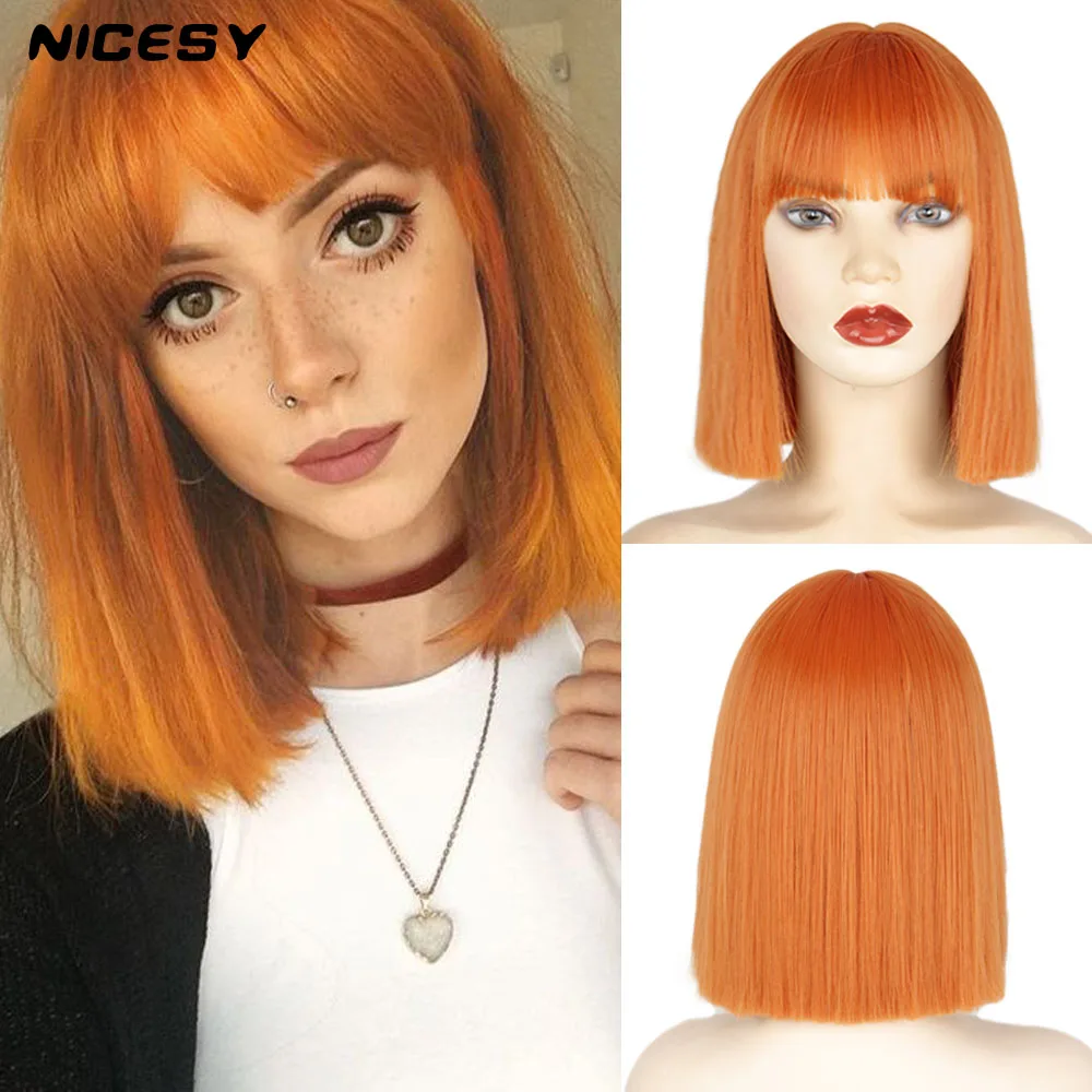 NICESY-Peluca de Bob corto sintética con flequillo para mujeres blancas/negras, uso diario, fibras de alta temperatura