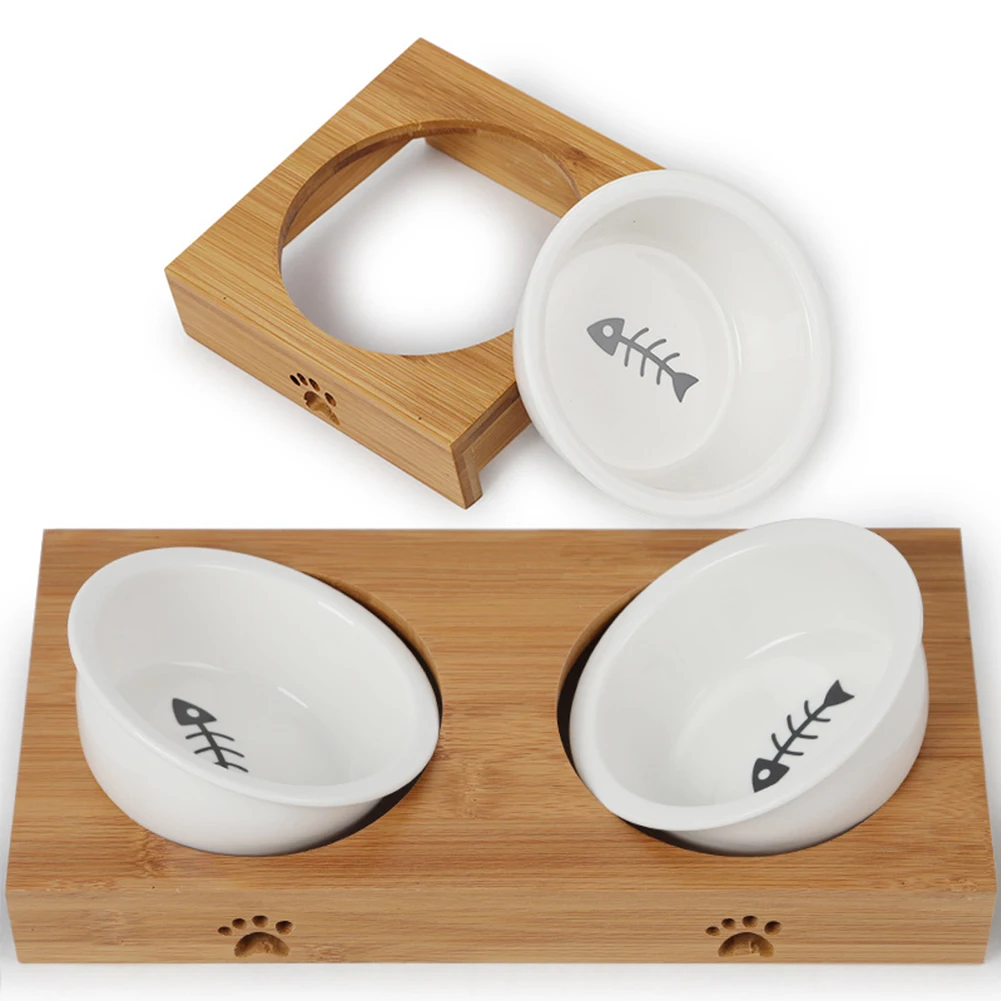 Круглая миска для собак, кошек, приподнятая, Легкая очистка, миска для домашних животных, керамическая миска для питья, без стресса, для кормления, для питания, для воды, с бамбуковой стойкой