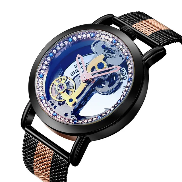 Роскошные мужские часы SHENHUA прозрачный циферблат Troubillon полностью стальные часы Мужские автоматические механические часы Relogio Masculino - Цвет: rose black-1