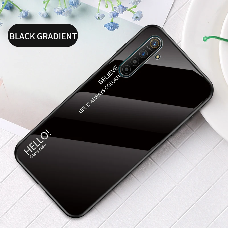 Чехол Realme X2, градиентный чехол из закаленного стекла для OPPO Realme X2, градиентный цвет, глянцевая стеклянная защитная крышка, 6,4 дюйма - Цвет: Черный
