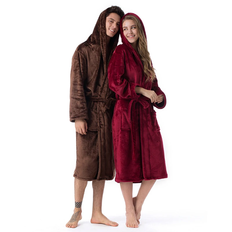 Толстый теплый Халат с капюшоном для женщин и мужчин, фланелевый купальный халат зимний плотный плюшевый халат для пар, Прямая поставка
