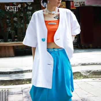 

VGH Asymmetrical Shirt Tops Female V Neck Short Sleeve Women's Blouses Large Size Casual 2020 Summer New Fashion Clothing