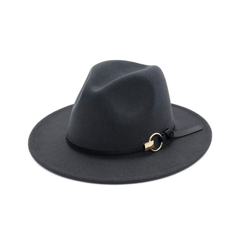 European Wide Brim Cowboy Felt Hat Panama Trilby Jazz Fedora Hats with Leather Buckle Plain Ribbon Woolen Chapeau for Women - Цвет: Темно-серый