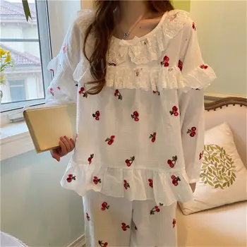 

Alien Kitty Chic Women Sweet Pajamas Suits Long Sleeves 2020 New Strawberries Ruffles Fashion Sleepwear Loose Fresh Long Pants