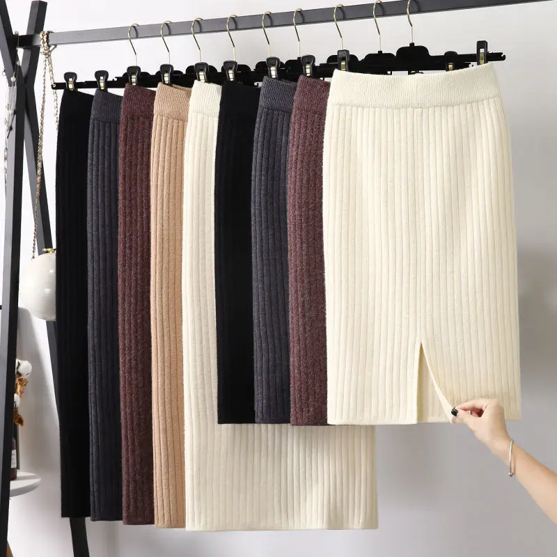Womens Knitted Straight Skirts Solid Basic Ladies High Waist Knee
