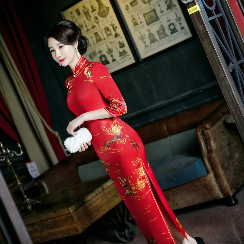 Красное женское длинное платье Cheongsam в винтажном китайском стиле с воротником-стойкой, весеннее приталенное платье Qipao для вечеринок, Vestido M-5XL