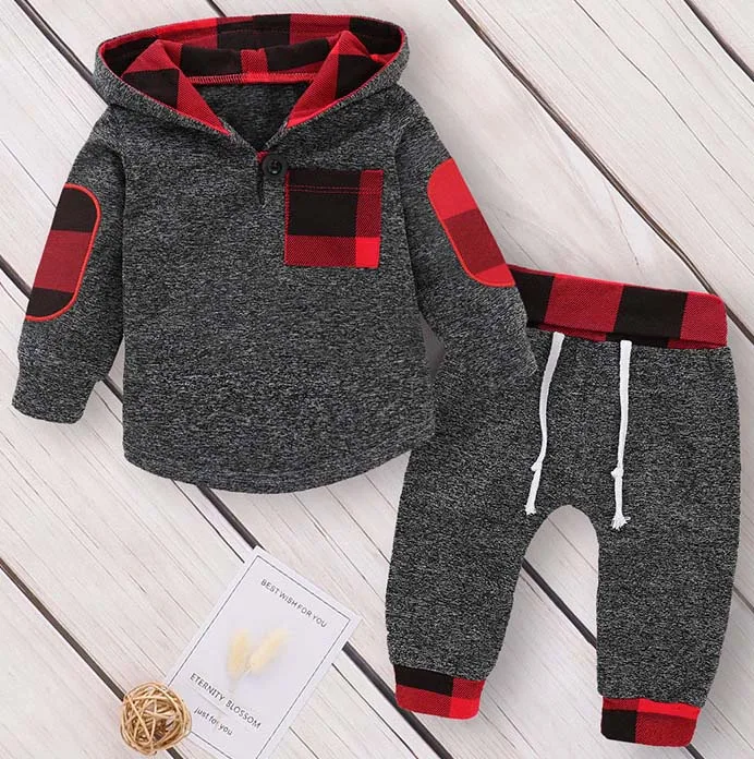 Dark Grey PatPat/Новинка; сезон осень-зима; повседневные Модные хлопковые топы с капюшоном и длинными рукавами в клетку и штаны для новорожденных; Комплект для малышей - Цвет: Dark Grey