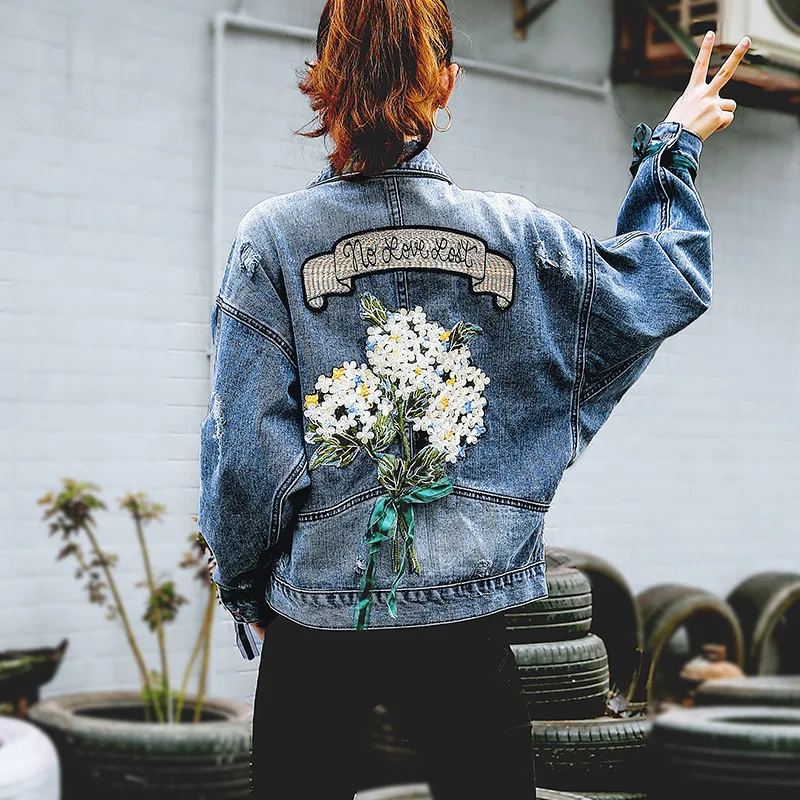2019 Autumn Embroidery Flower Cowboy Loose Coat Female Denim Jeans Jacket Women Chaqueta Mujer Streetwear Boyfriend Large Sizes | Женская