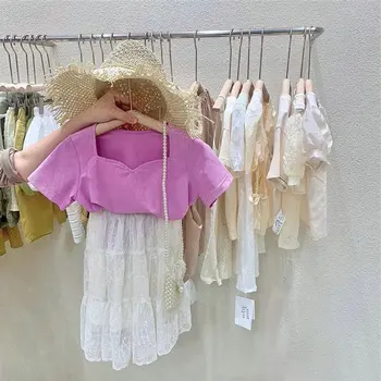 

Girls Suit U-Collar Short-Sleeved T-shirt and Lace Skirt 20 Summer New Children's Clothing