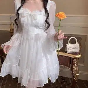 QWEEK Vintage Sweet Kawaii Princess Fairy Dress Women French Elegant White Ruffle Party Dresses Female Mori Girl Cute Clothes party dresses Dresses