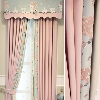 

Mermaid Lace Full Shade Pink Girl Princess Style Cartoon Children's Room Curtains for Living Room Bedroom Pink Room Decor