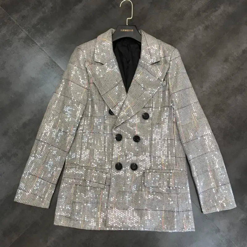 

2019 autumn new retro plaid full sequins shiny heavy work suit blaze